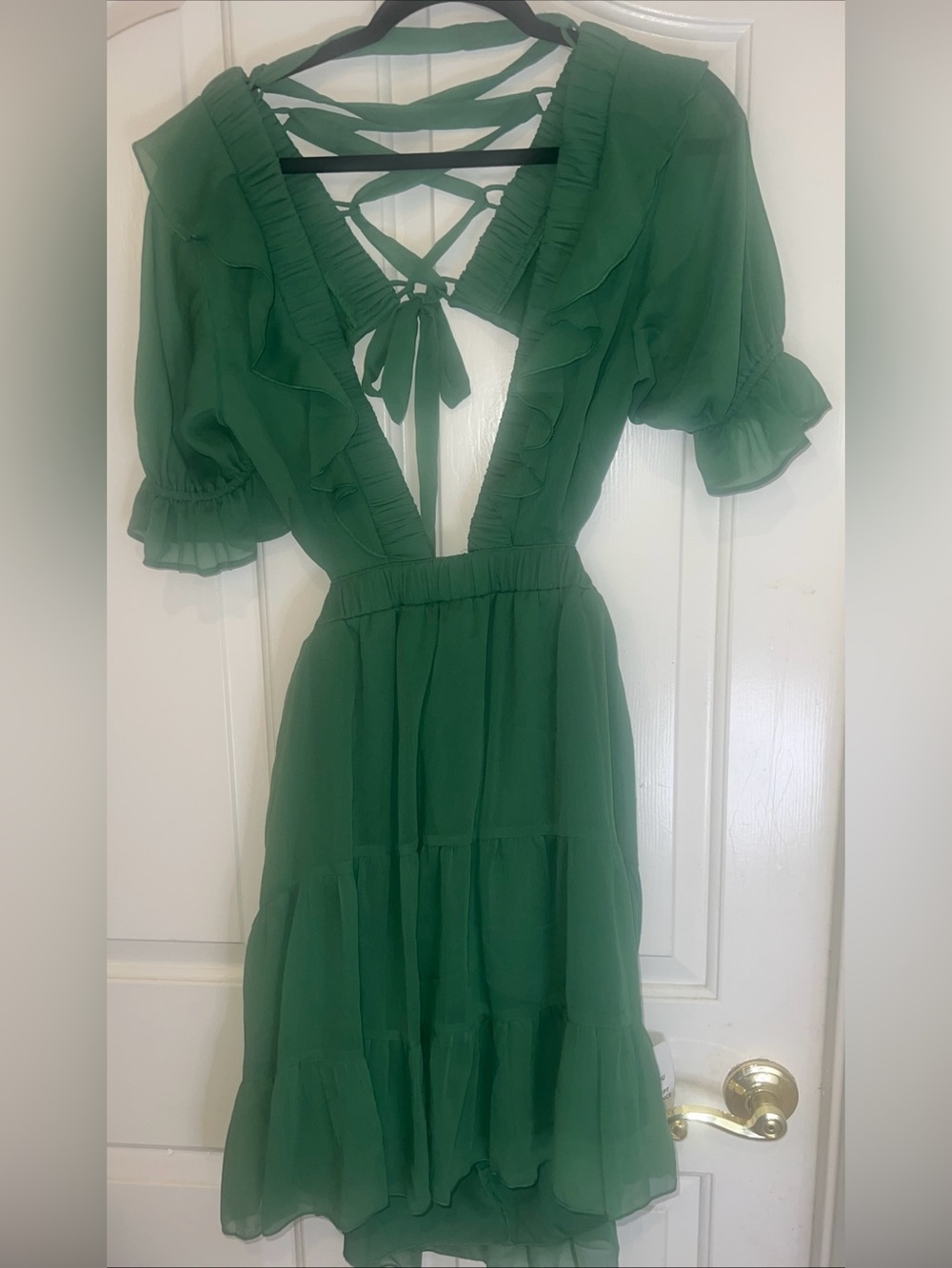 ASOS Dress Green Tiered Ruffle Puff Sleeve Open Back Lace Up Women’s Size 8 NWT